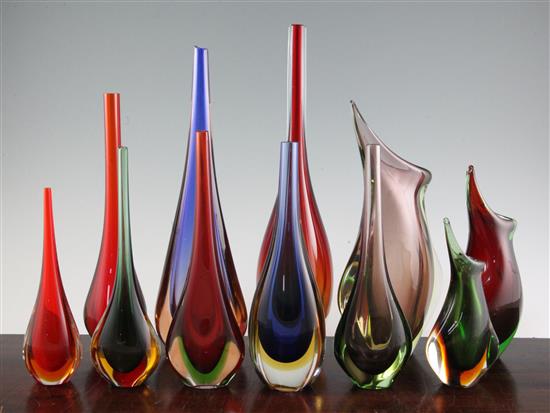 Eleven Murano Sommerso glass vases, 1950s-70s, 18cm - 38cm